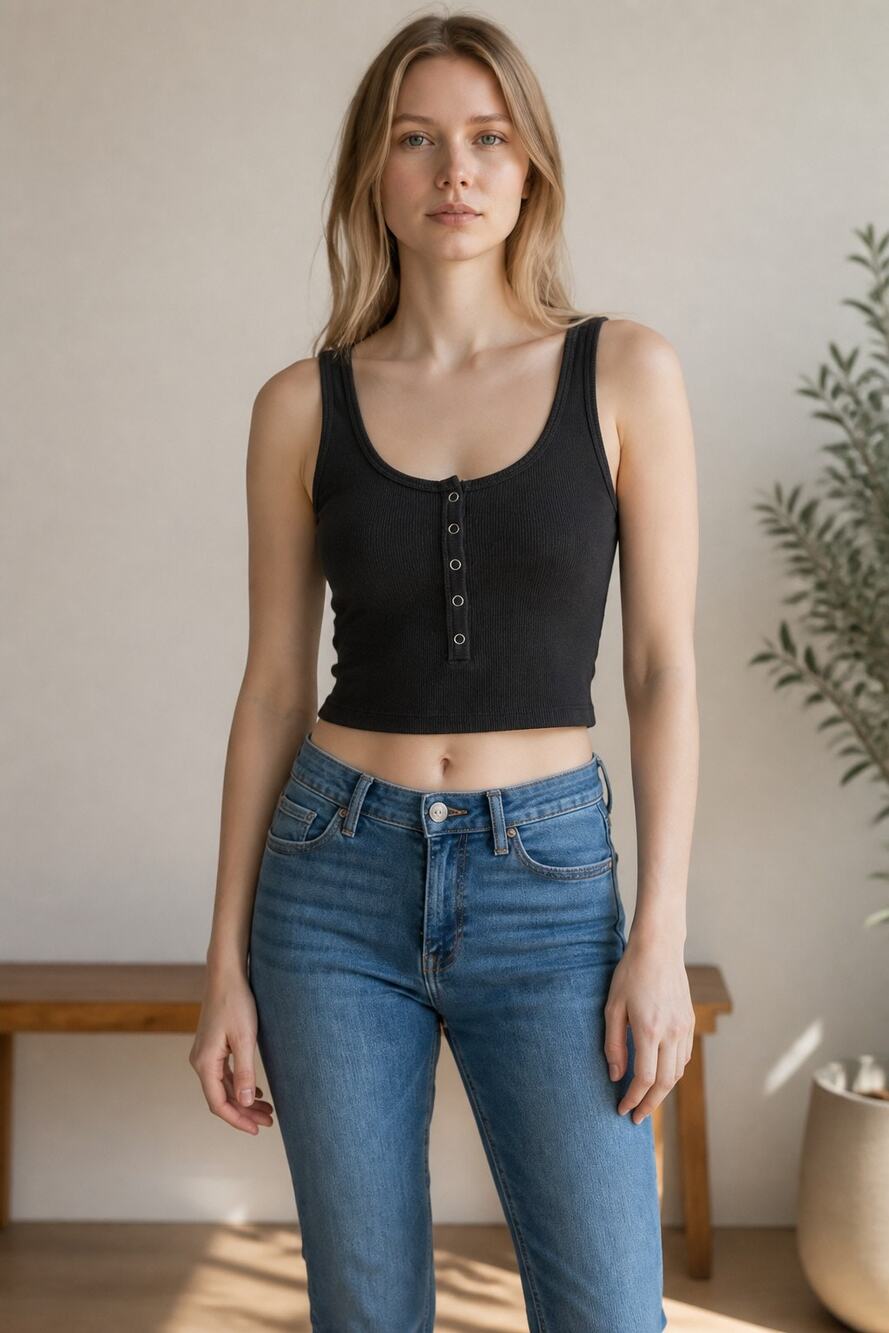 Abercrombie & Fitch Soft AF Rib Black Knit Henley Crop Top Cropped Tank Top Sz M